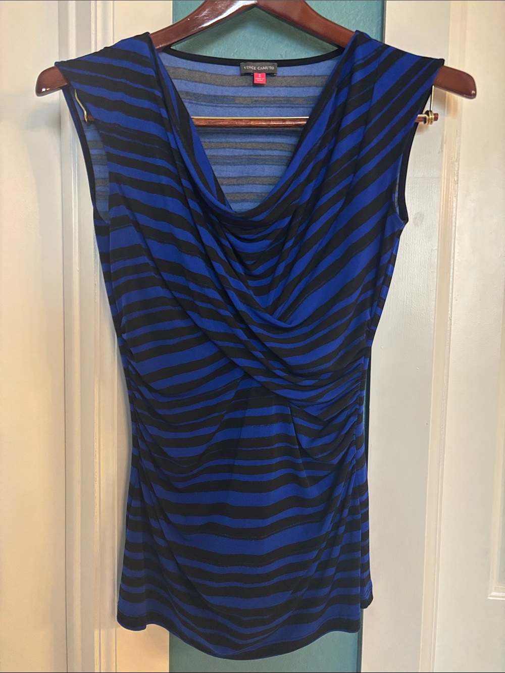 Vince Camuto Royal Blue & Black Striped Cowl Neck Sleeveless Top